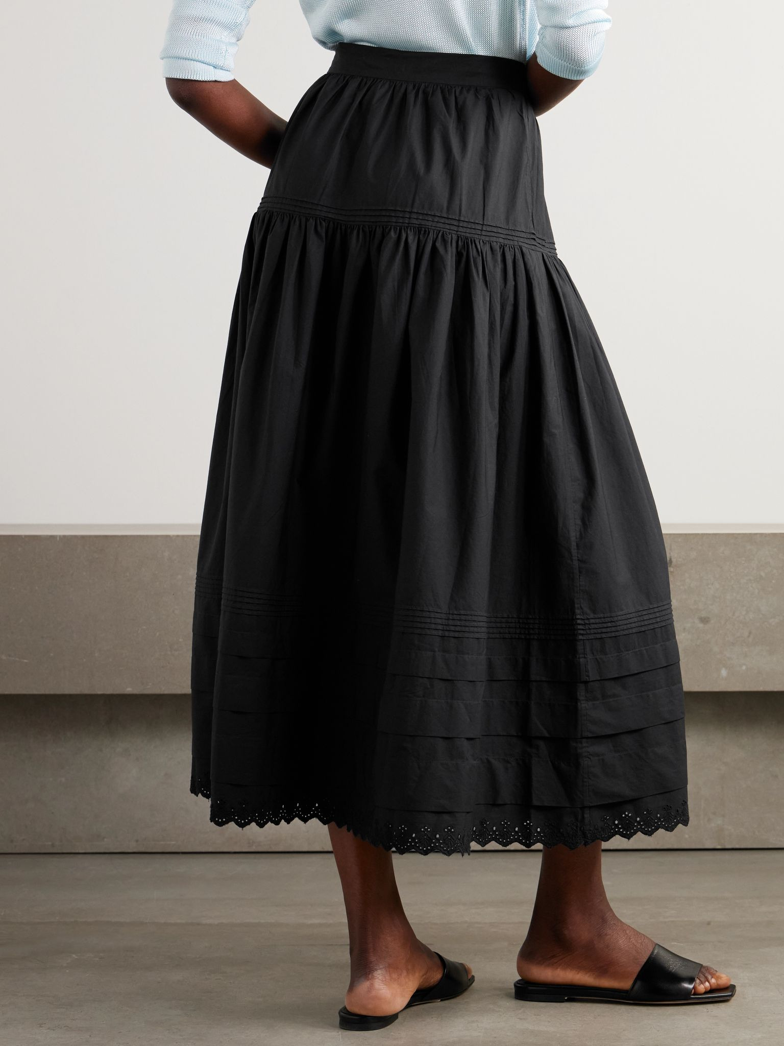 Sebastiane crochet-trimmed organic cotton-poplin midi skirt Black - 3