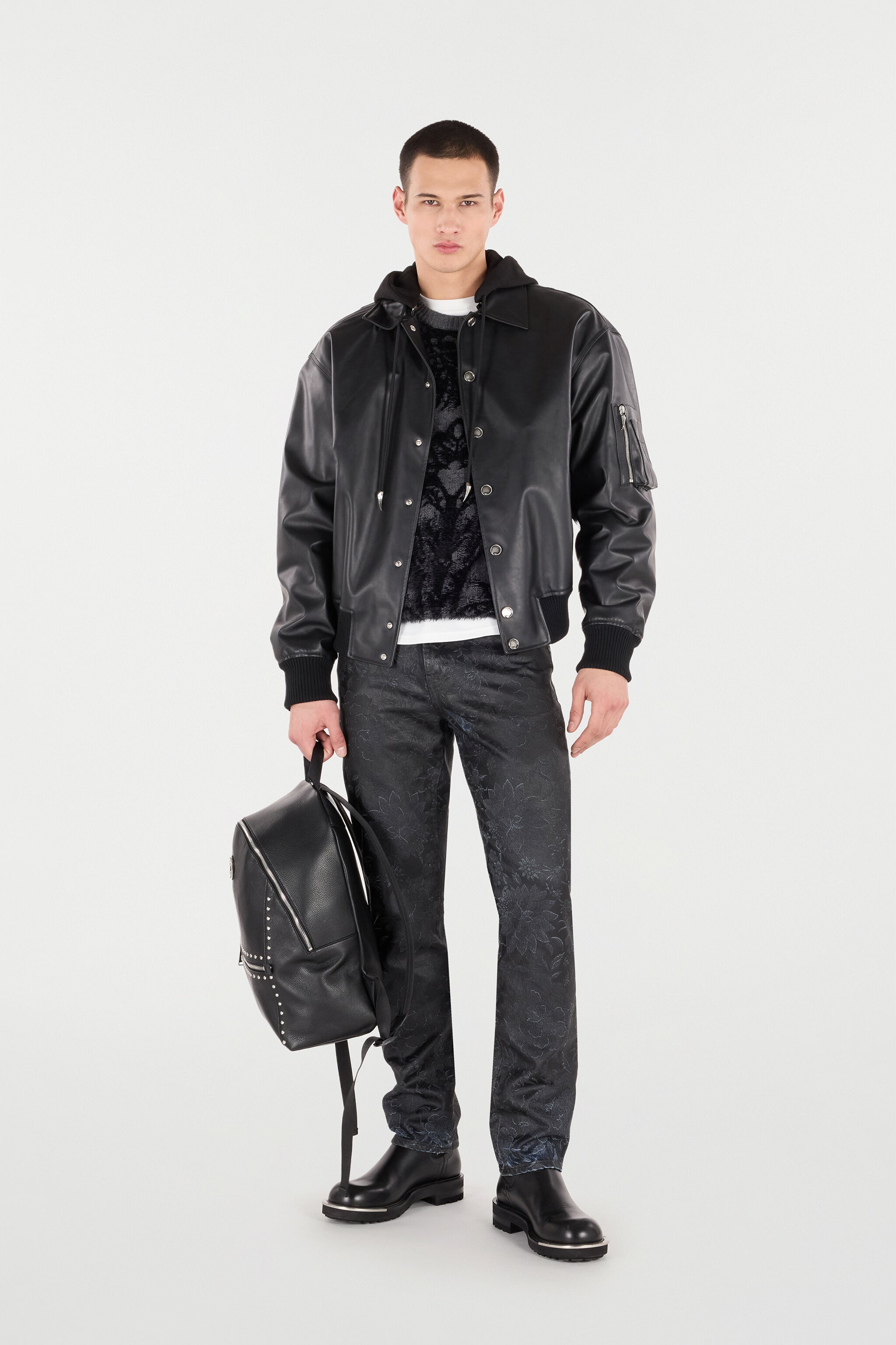 Leather Bomber Jacket with Hood - 2