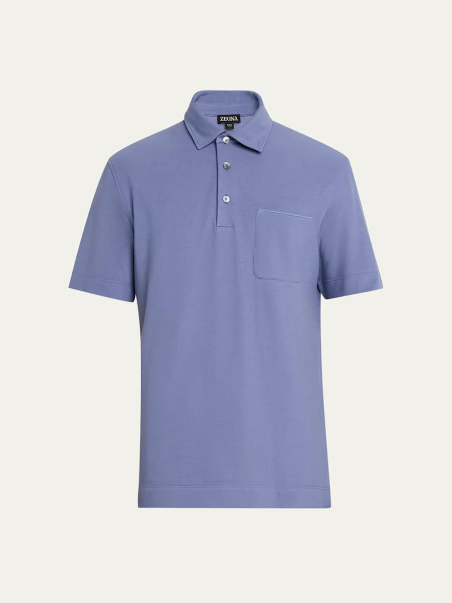 Men's Pique Polo Shirt with Leather-Trim Pocket - 1