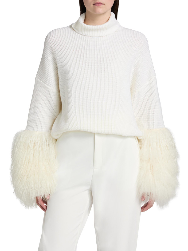 Women's Yak Yarn-Cuff Merino Wool Turtleneck Sweater - Off White 3