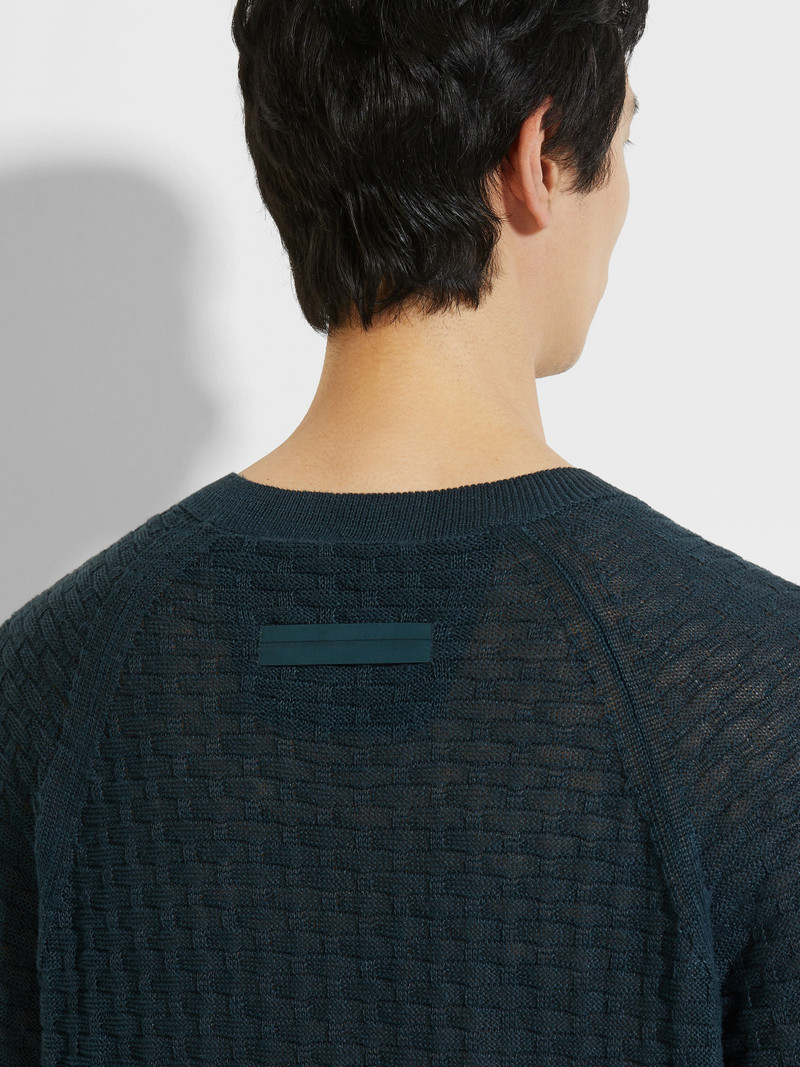 ZEGNA DARK TEAL BLUE OASI LINO V-NECK outlook