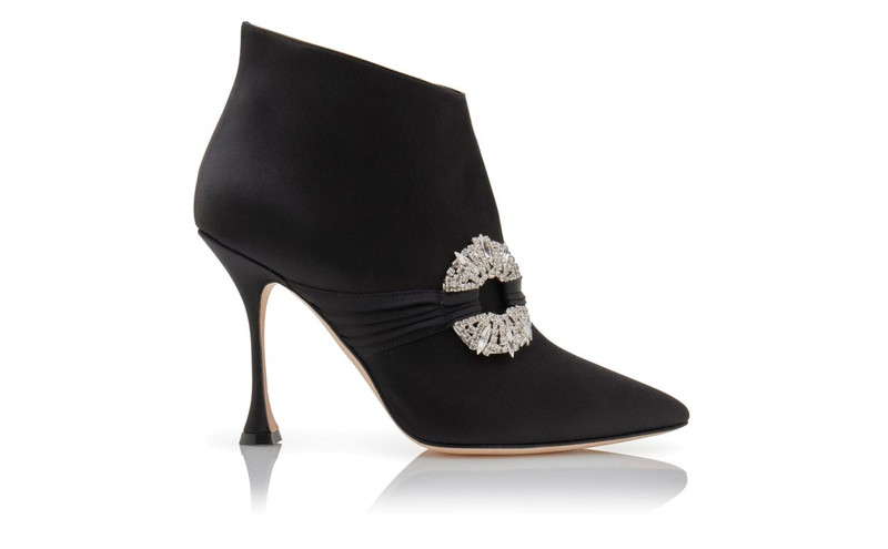 Black Satin Embellished Buckle Ankle Boots - 1