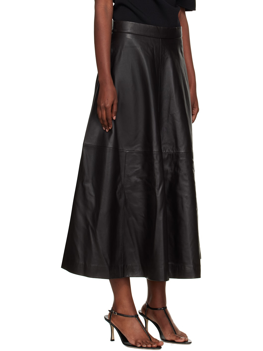 Brown A-Line Leather Midi Skirt - 2