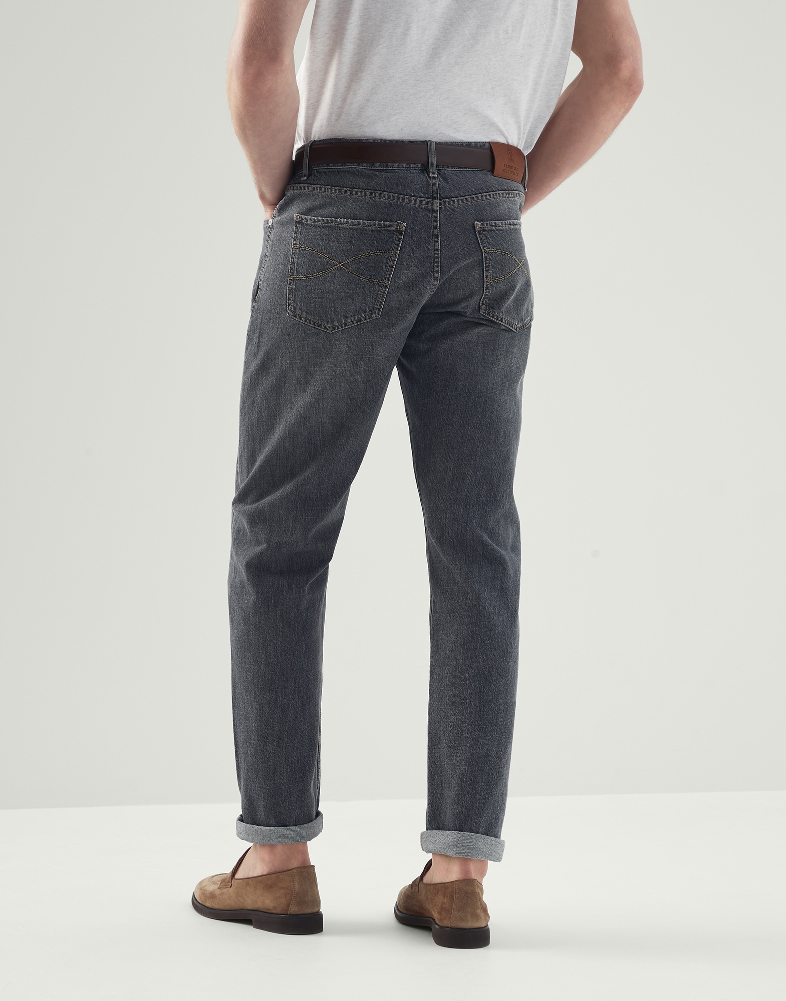 Grey denim traditional fit five-pocket trousers with selvedge - 2