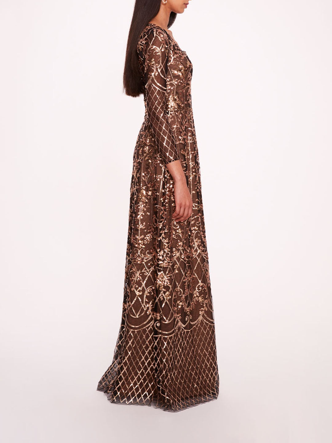 SEQUIN LATTICE SLEEVED GOWN - 3
