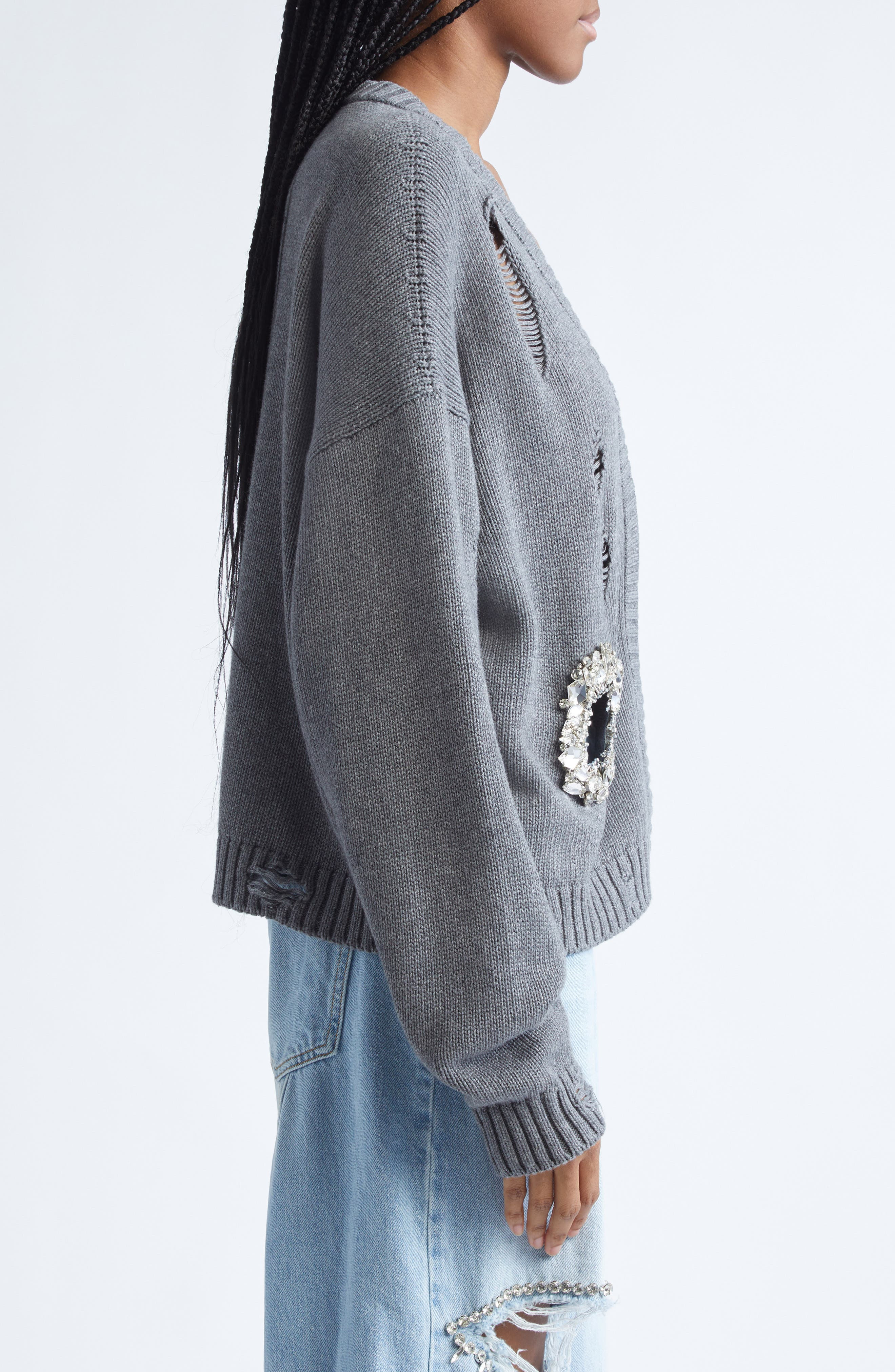 Area Distressed Crystal Cotton & Cashmere Cardigan in Heathered Grey at Nordstrom - 4