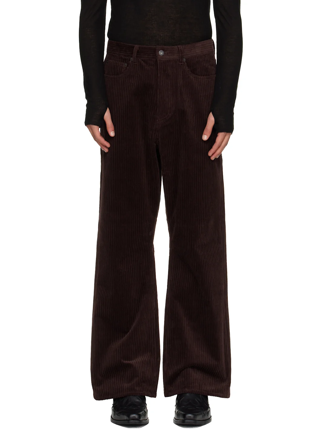 Burgundy Corduroy Loose Flared Trousers - 1