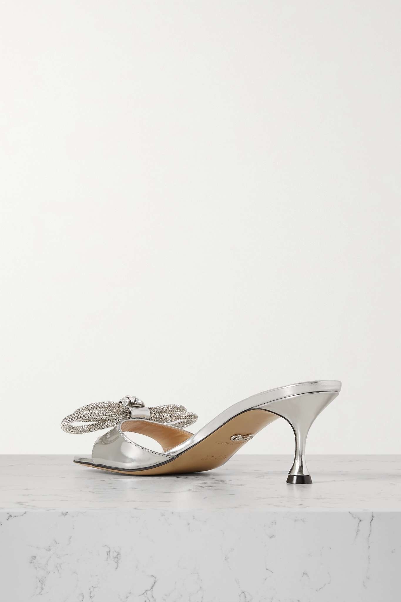 MACH & MACH Double Bow crystal-embellished mirrored-leather mules