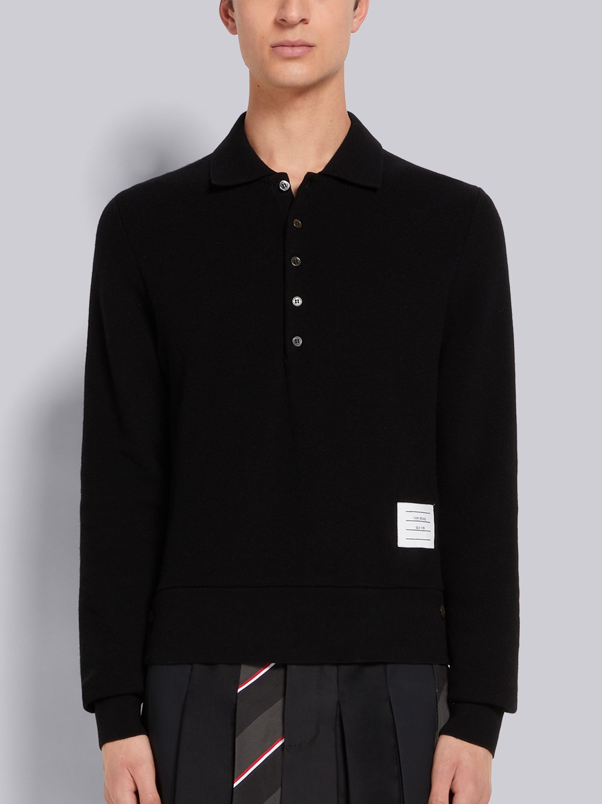 Black Cashmere Pique Long Sleeve Polo - 1