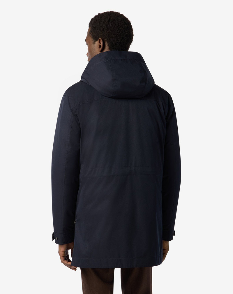 Blue technical fabric caban coat with hood 3