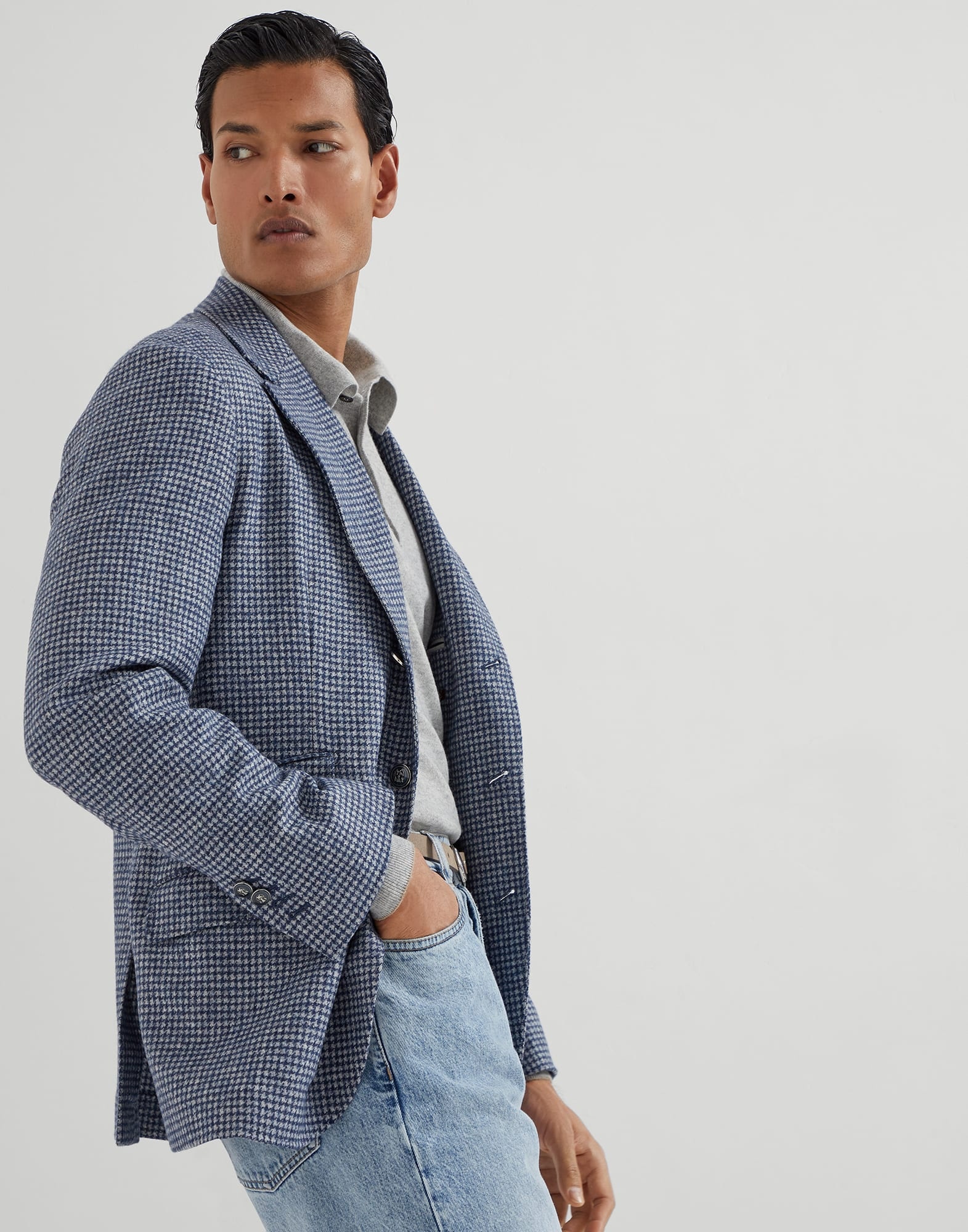 Wool and alpaca houndstooth deconstructed Cavallo blazer with metal buttons - 4