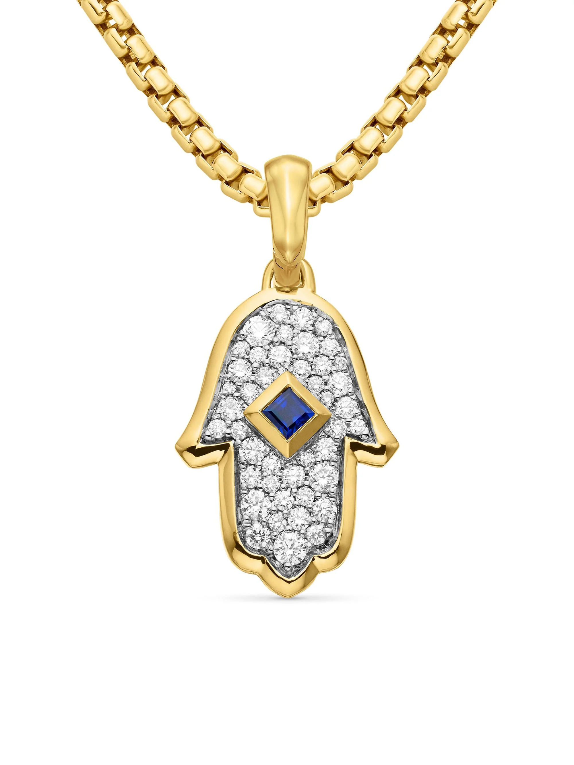 Women's Hamsa Amulet in 18K Yellow Gold with Pavé Diamonds and Blue Sapphire, 26MM - Light Blue Sapp - 1