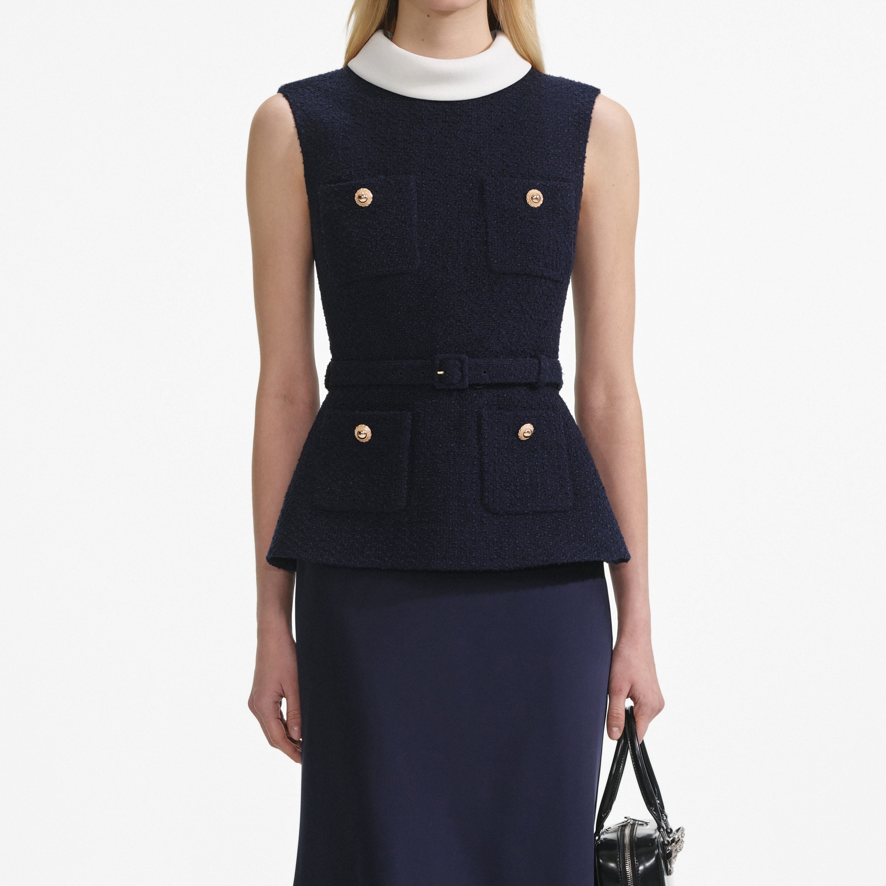 Navy Boucle Sleeveless Midi Dress - 4