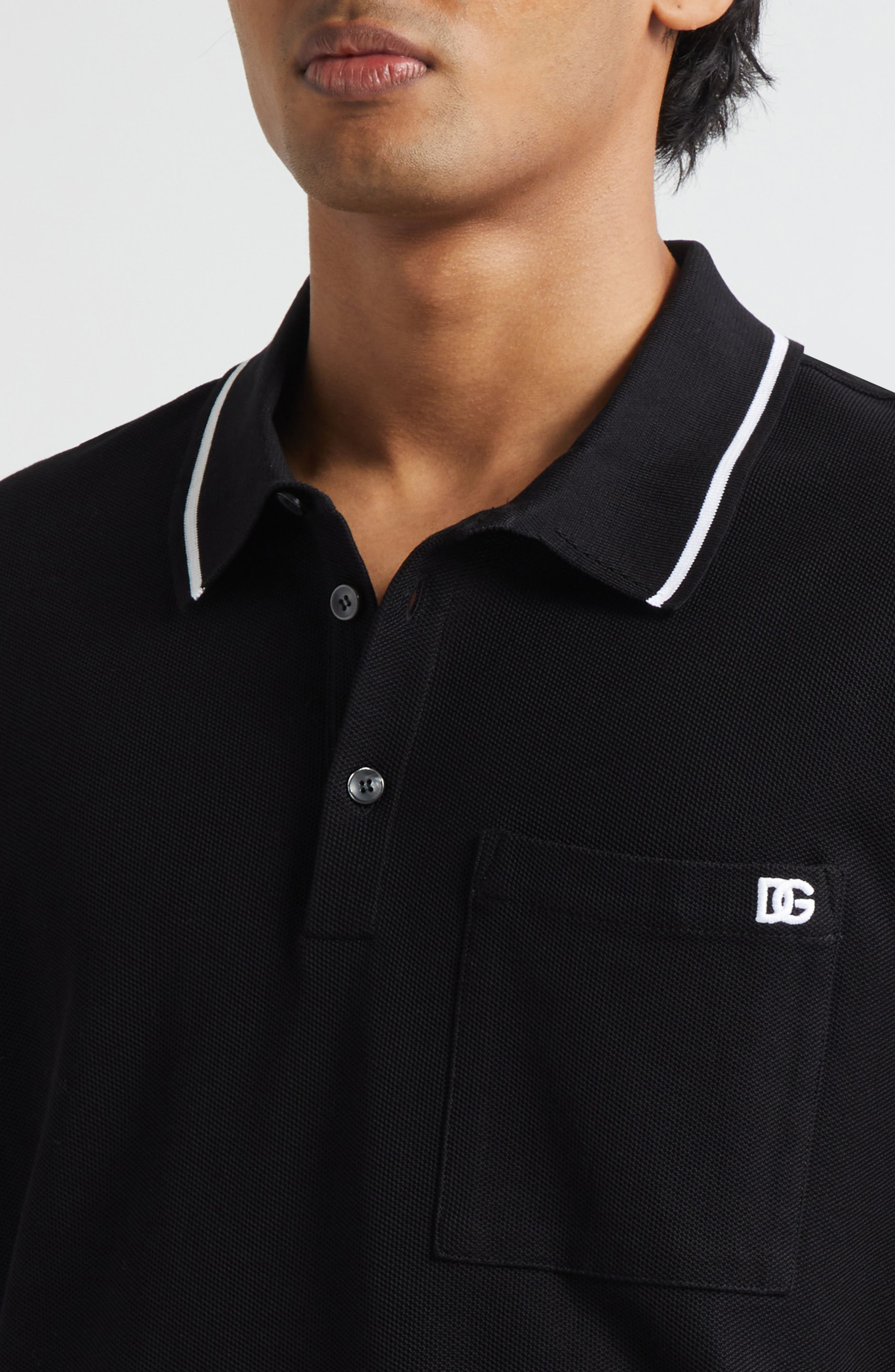 Dolce&Gabbana Logo Embroidered Cotton Piqué Polo in N0000 Nero at Nordstrom - 4