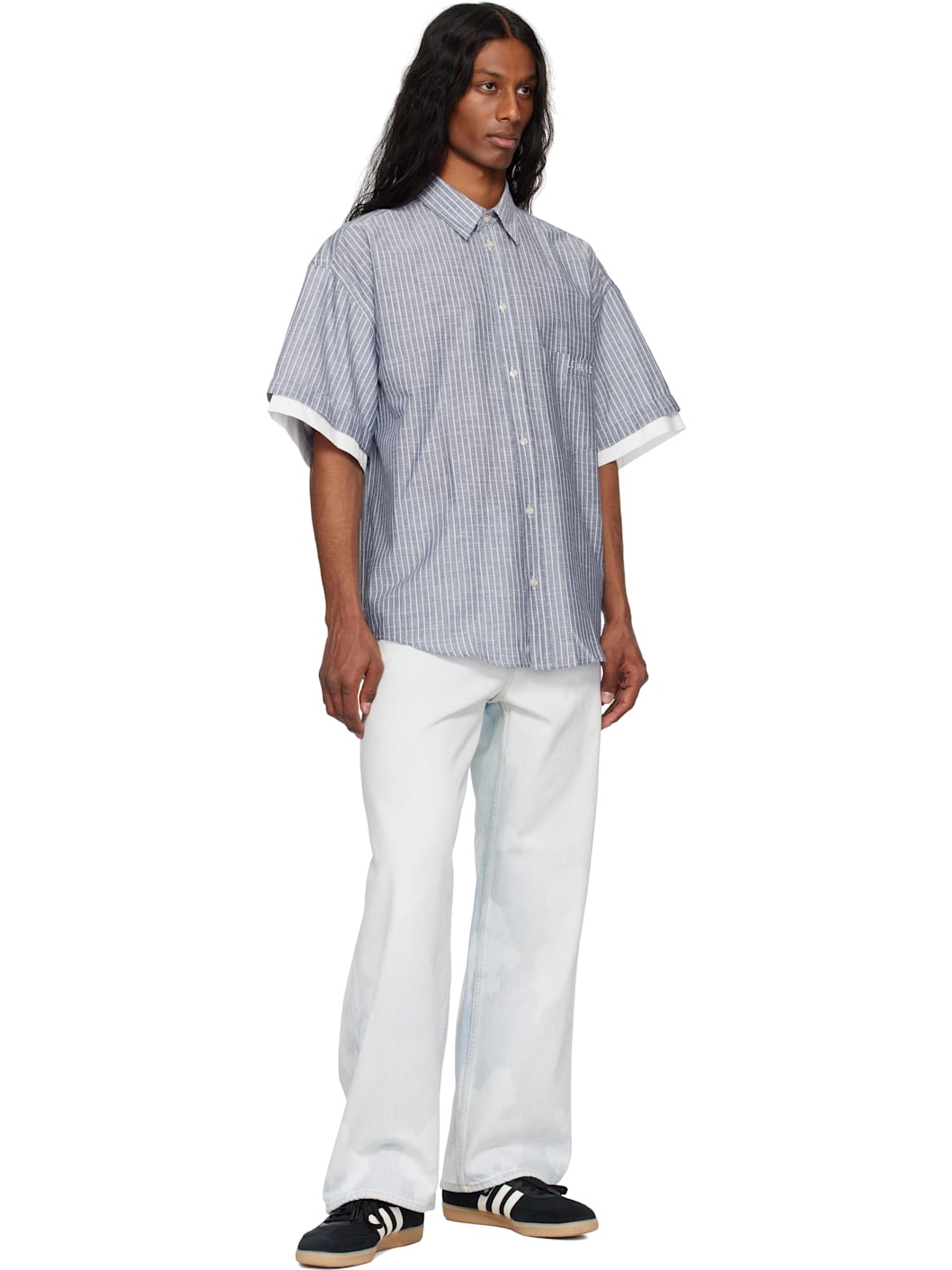 Navy Double Short Sleeve Button Down Shirt - 4
