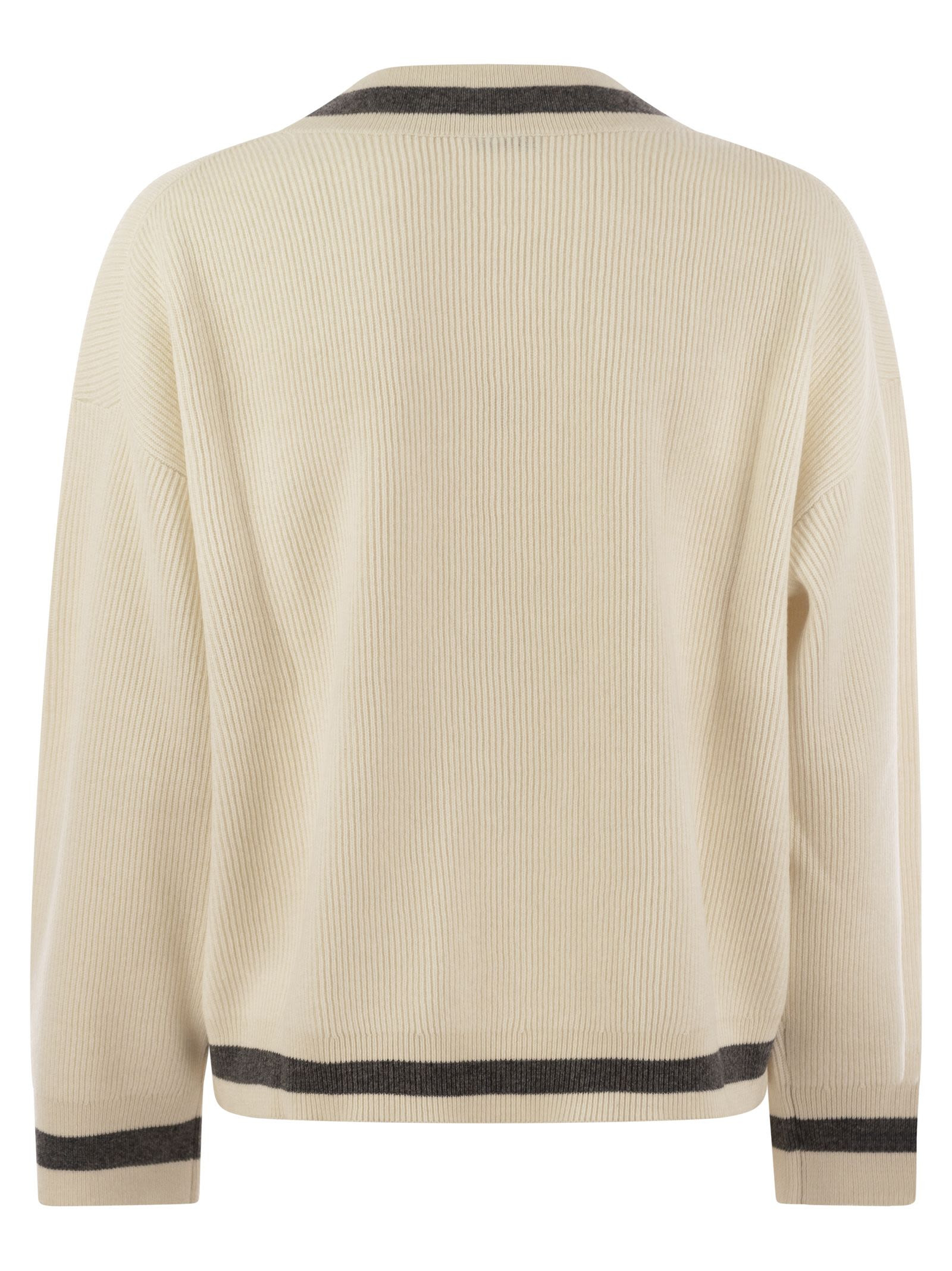Brunello Cucinelli Women Ribbed Cashmere Sweater With Contrasting Stripe - 2