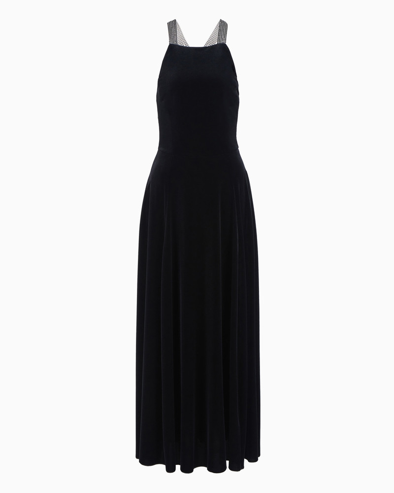 Chenille jersey long dress with rhinestone shoulder straps 1