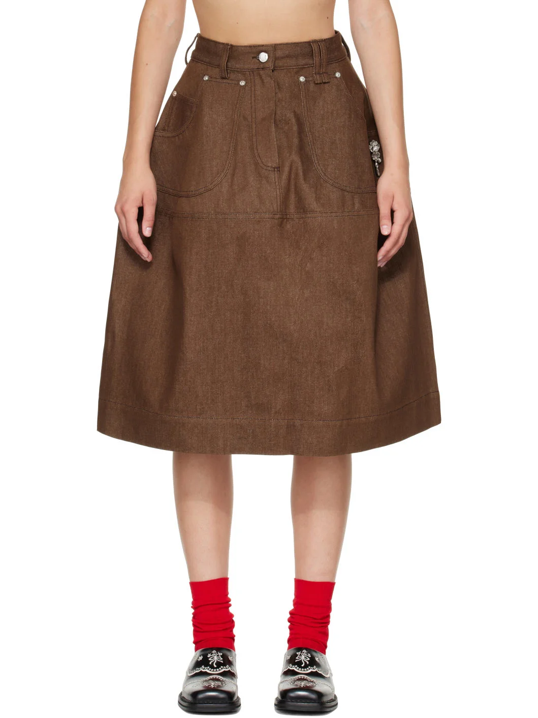 Brown Embellished Utility Hip Bustle Midi Skirt - 1
