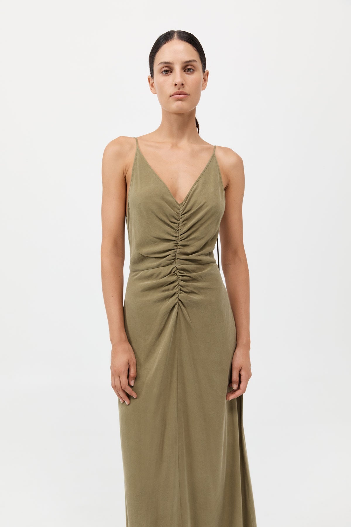 Gathered Tie Dress - Olive - 3