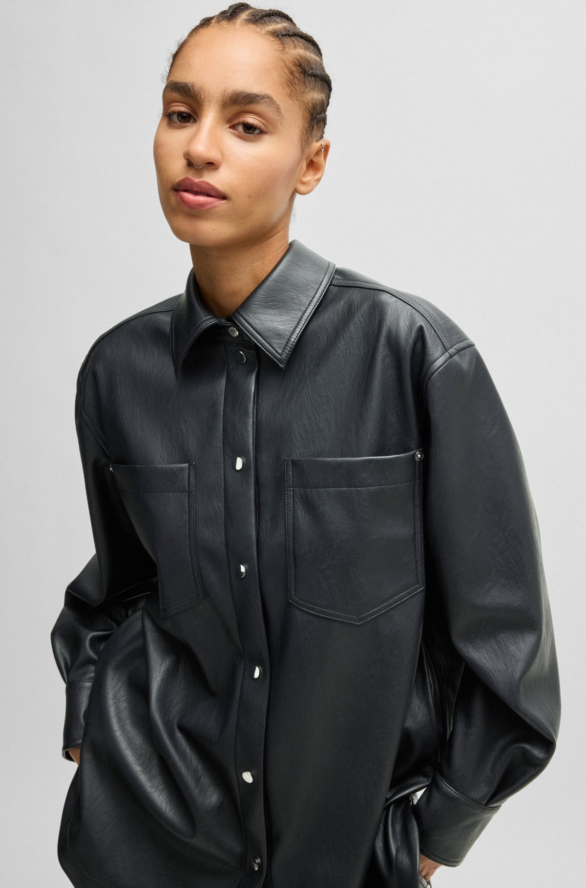 FAUX-LEATHER OVERSHIRT WITH PATCH POCKETS - 5
