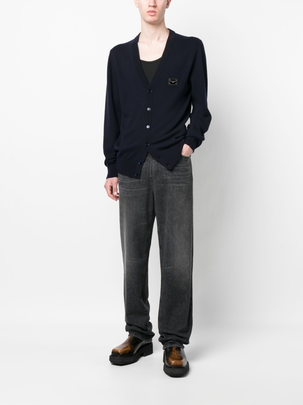 logo-plaque virgin wool-blend cardigan - 2