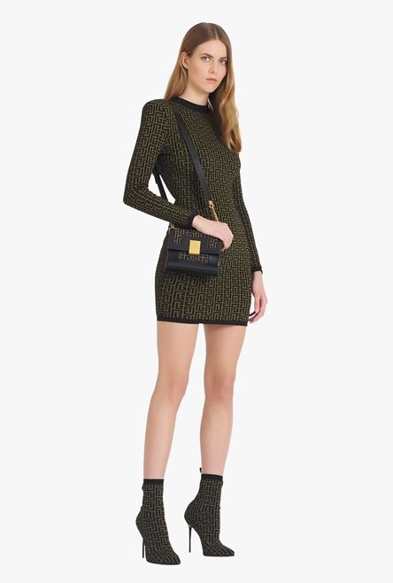 Short khaki and black wool dress with monogram print - 2