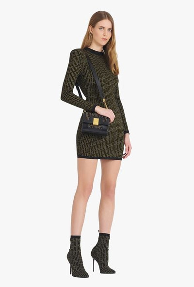 Balmain Short khaki and black wool dress with monogram print outlook