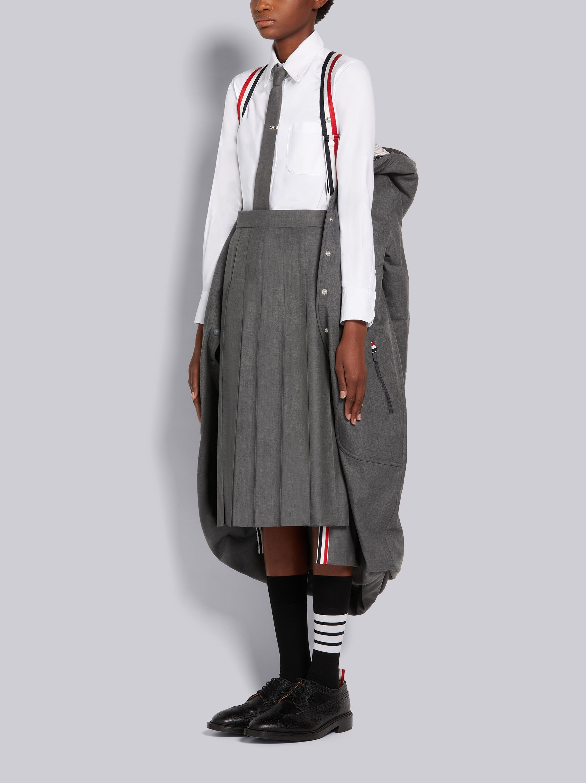 Medium Grey Down-filled Super 120's Wool Twill Drawstring Mid-calf Hooded Shirtdress - 4