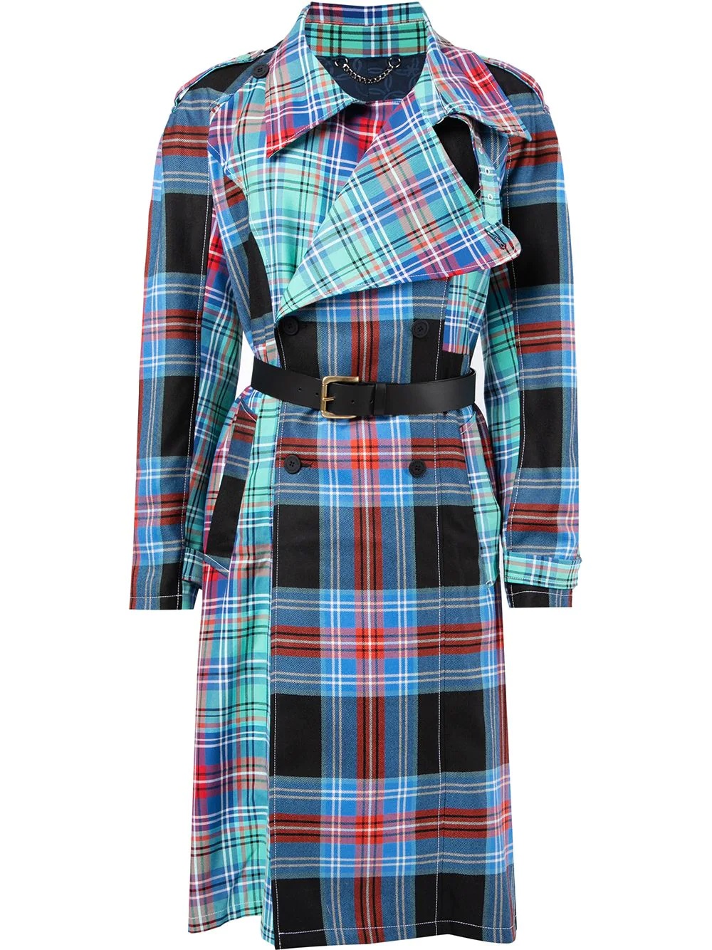 tartan-print belted trench coat - 1