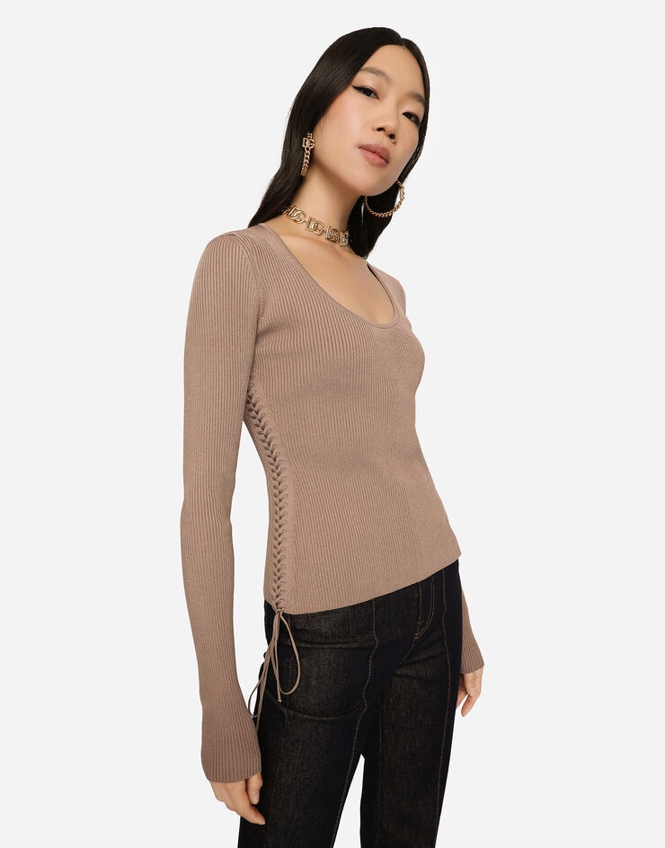 Viscose ribbed sweater with lacing and eyelets - 3