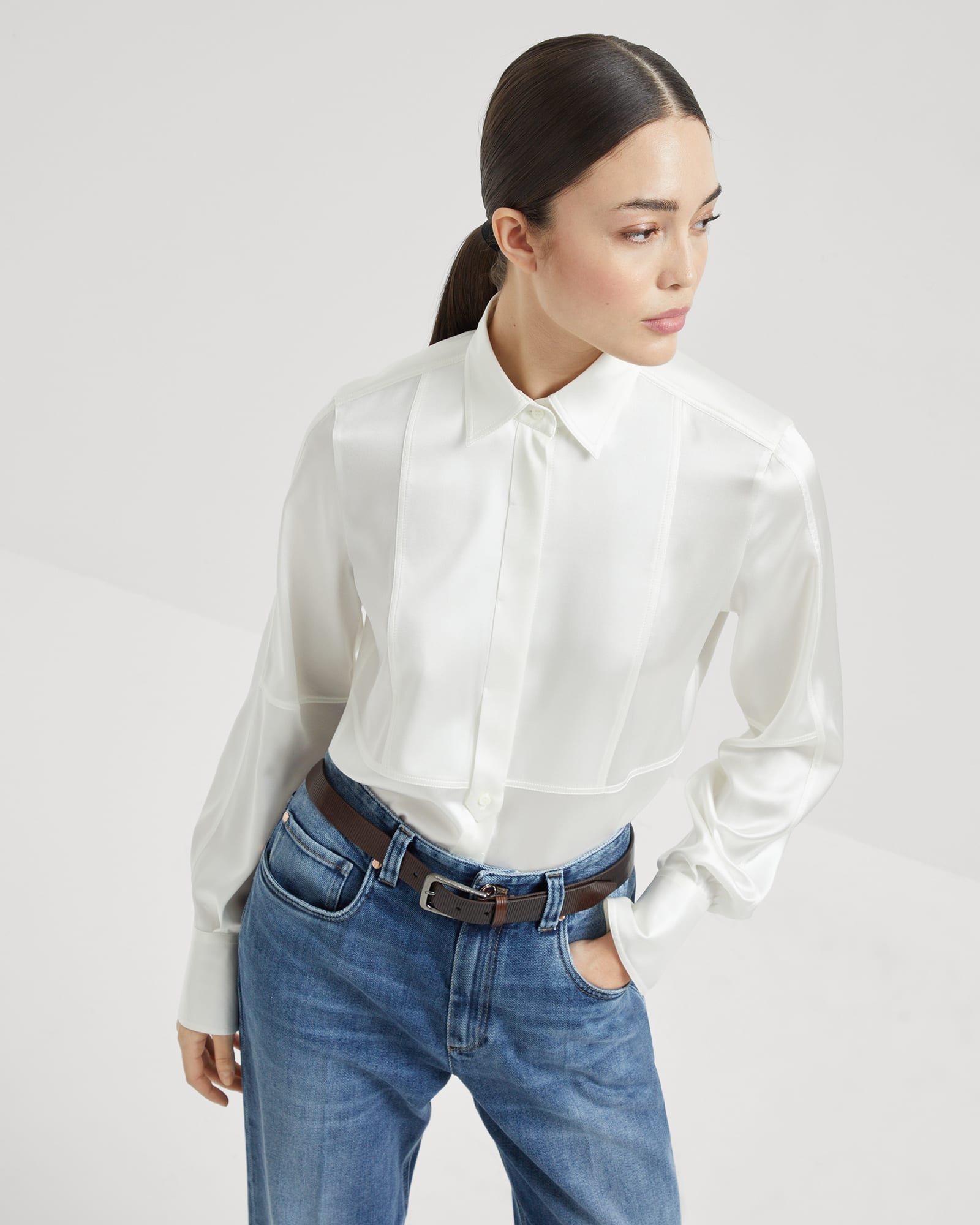 Stretch silk satin shirt with monili - 4