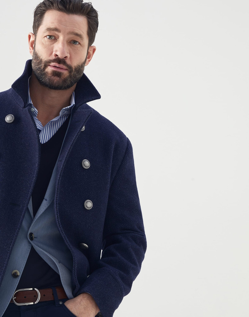 Wool and cashmere diagonal double cloth pea coat with metal buttons 3