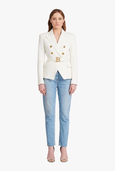 Double-breasted white cotton blazer with Balmain buckle - 4