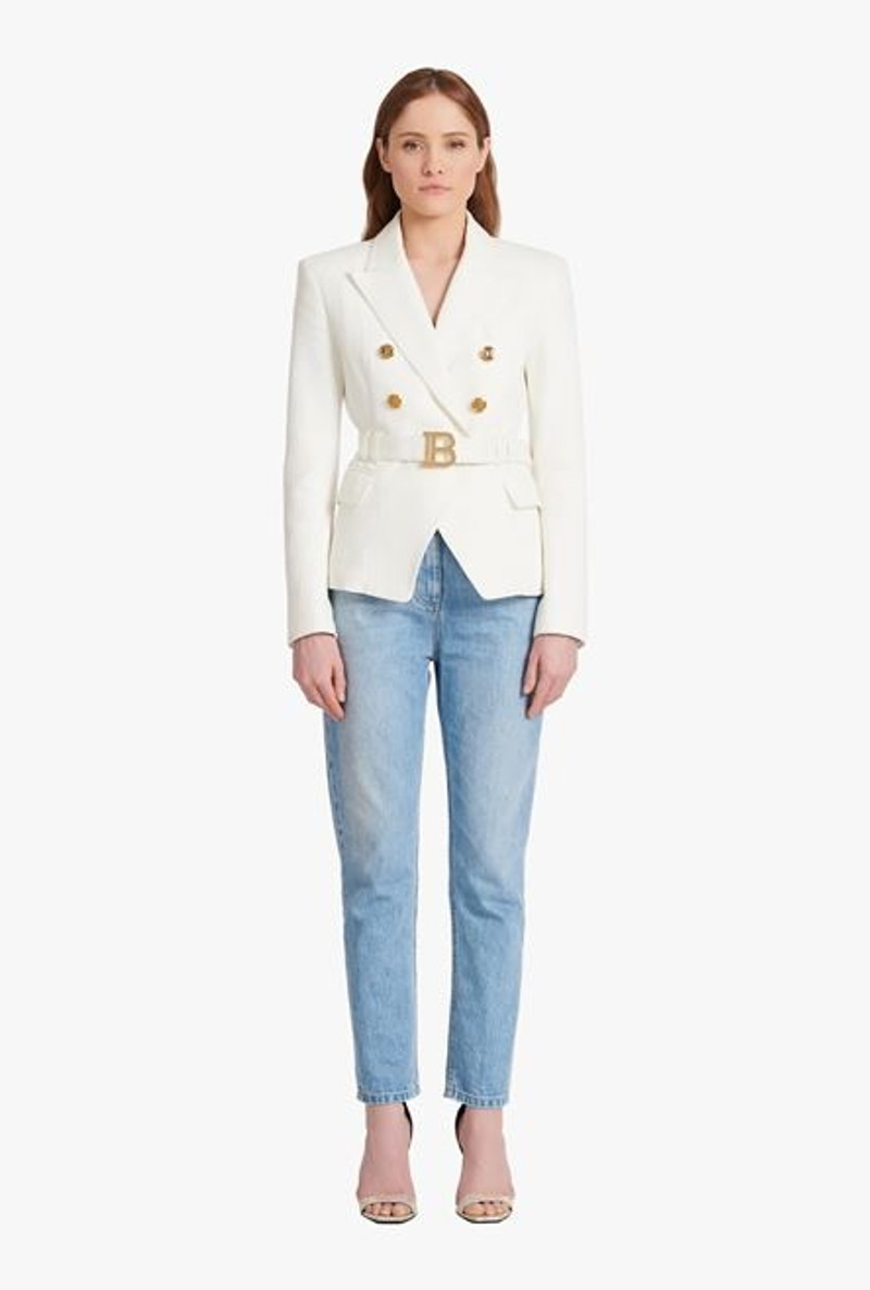 Double-breasted white cotton blazer with Balmain buckle 4