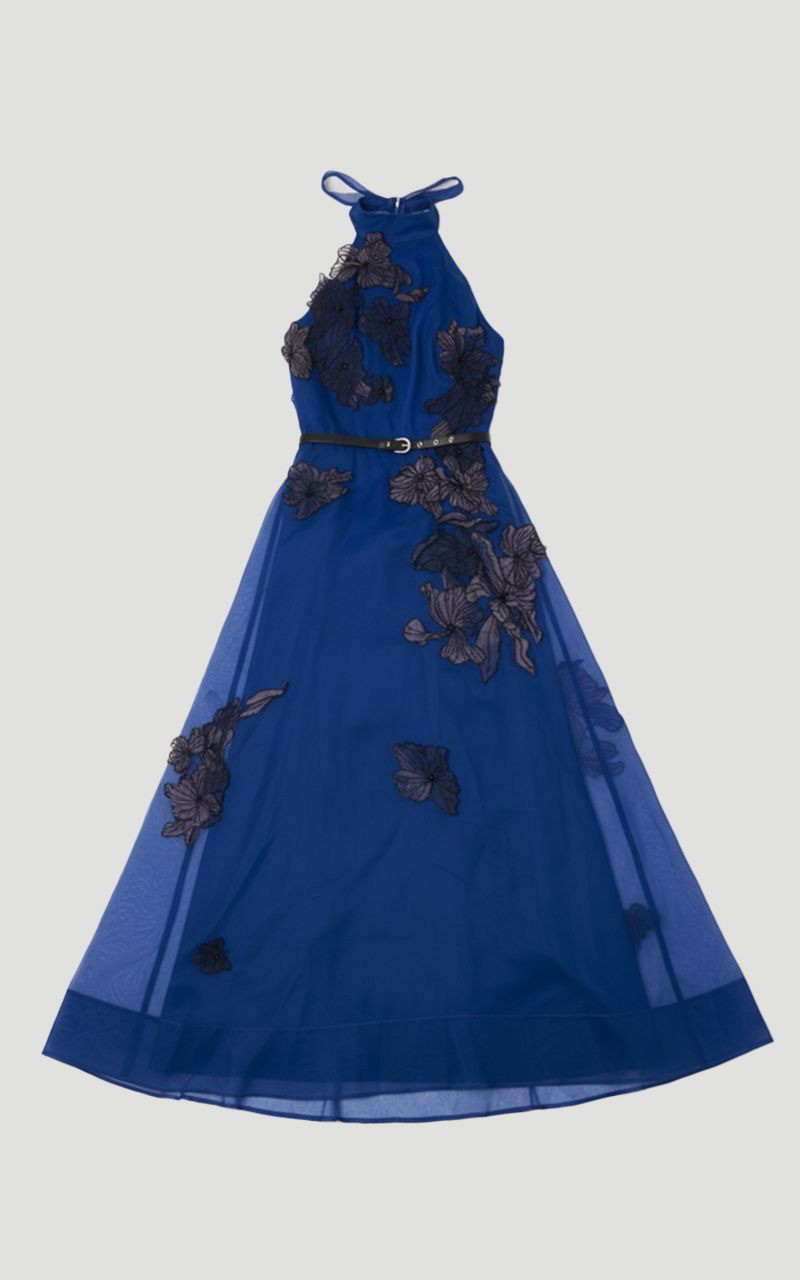 Floral Applique Organdie Woven Halter Neck Maxi Dress - 1