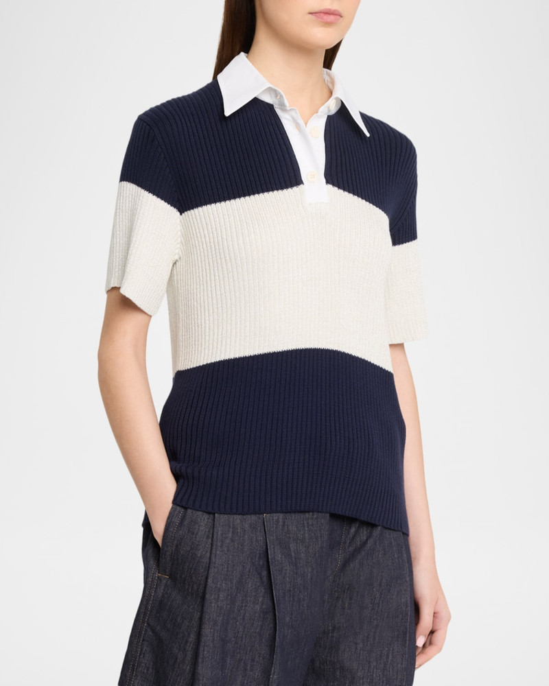 Shimmering Striped Cotton Rib Short-Sleeve Polo Sweater 4
