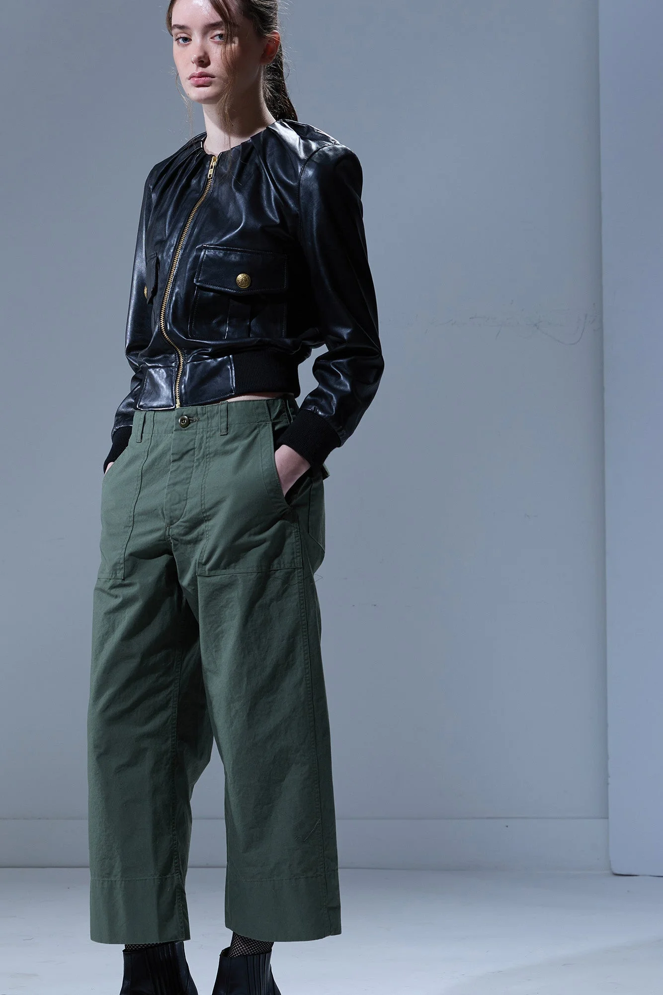 PLEATED NECK LEATHER JACKET - 1