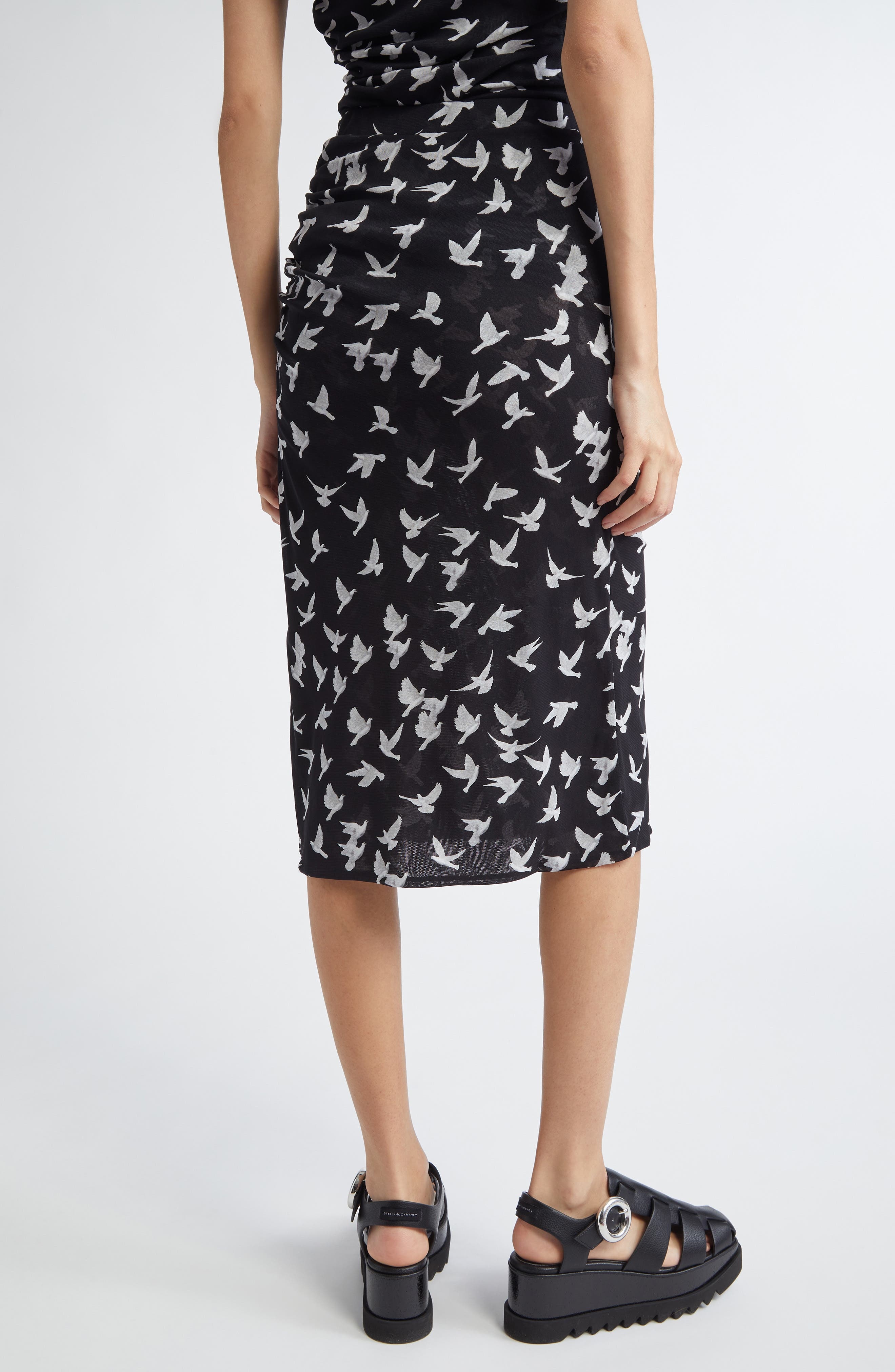 Stella McCartney Flying Bird Haze Gathered Mesh Midi Skirt in Black at Nordstrom - 3