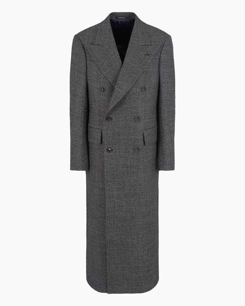 Long double-breasted coat in a compact grisaille of heavy mouliné wool 1