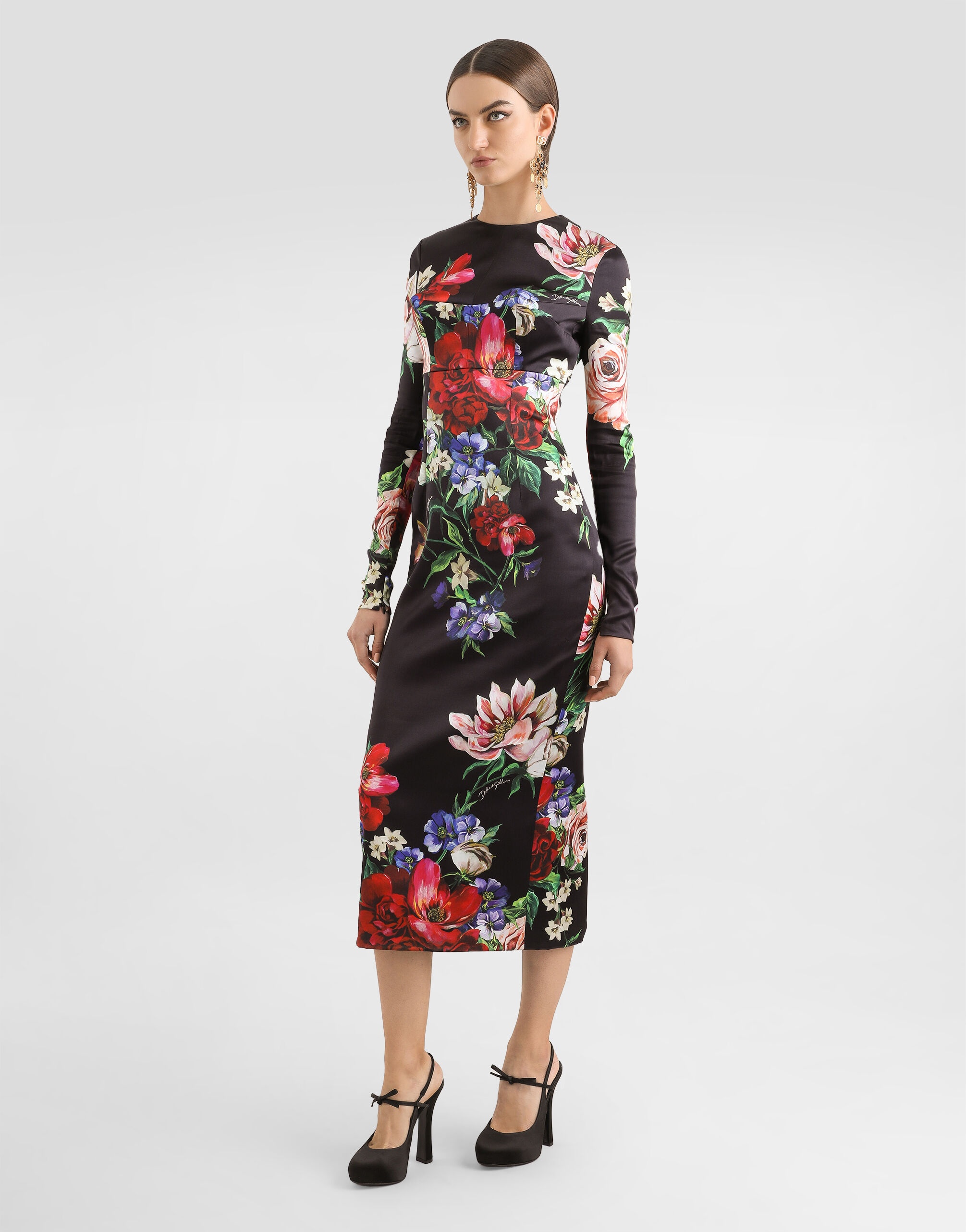 Satin calf-length round-neck dress with floral print - 2