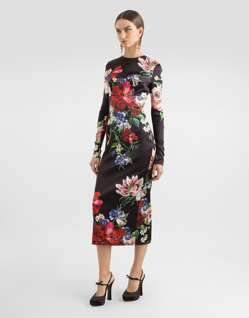 Dolce & Gabbana Satin calf-length round-neck dress with floral print outlook