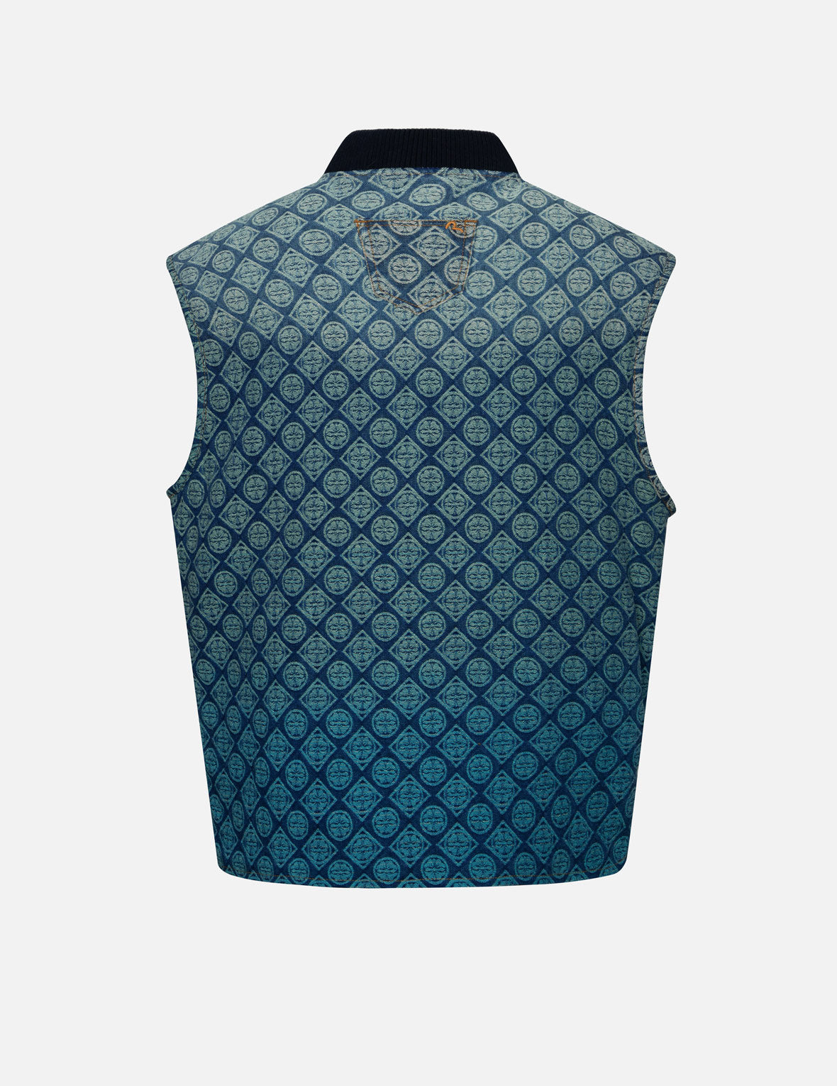 WASHED KAMON JACQUARD RELAX FIT DENIM PADDED VEST - 2