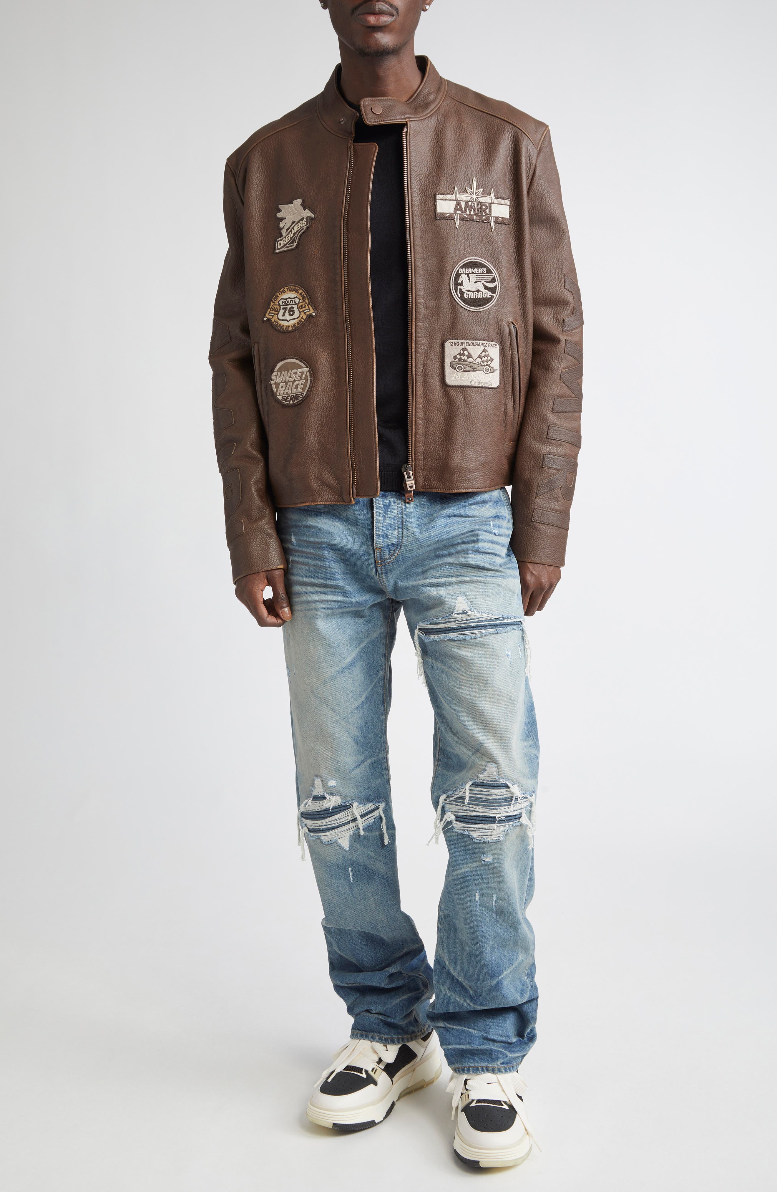 AMIRI Patch Racer Leather Jacket in Walnut Brown at Nordstrom - 2