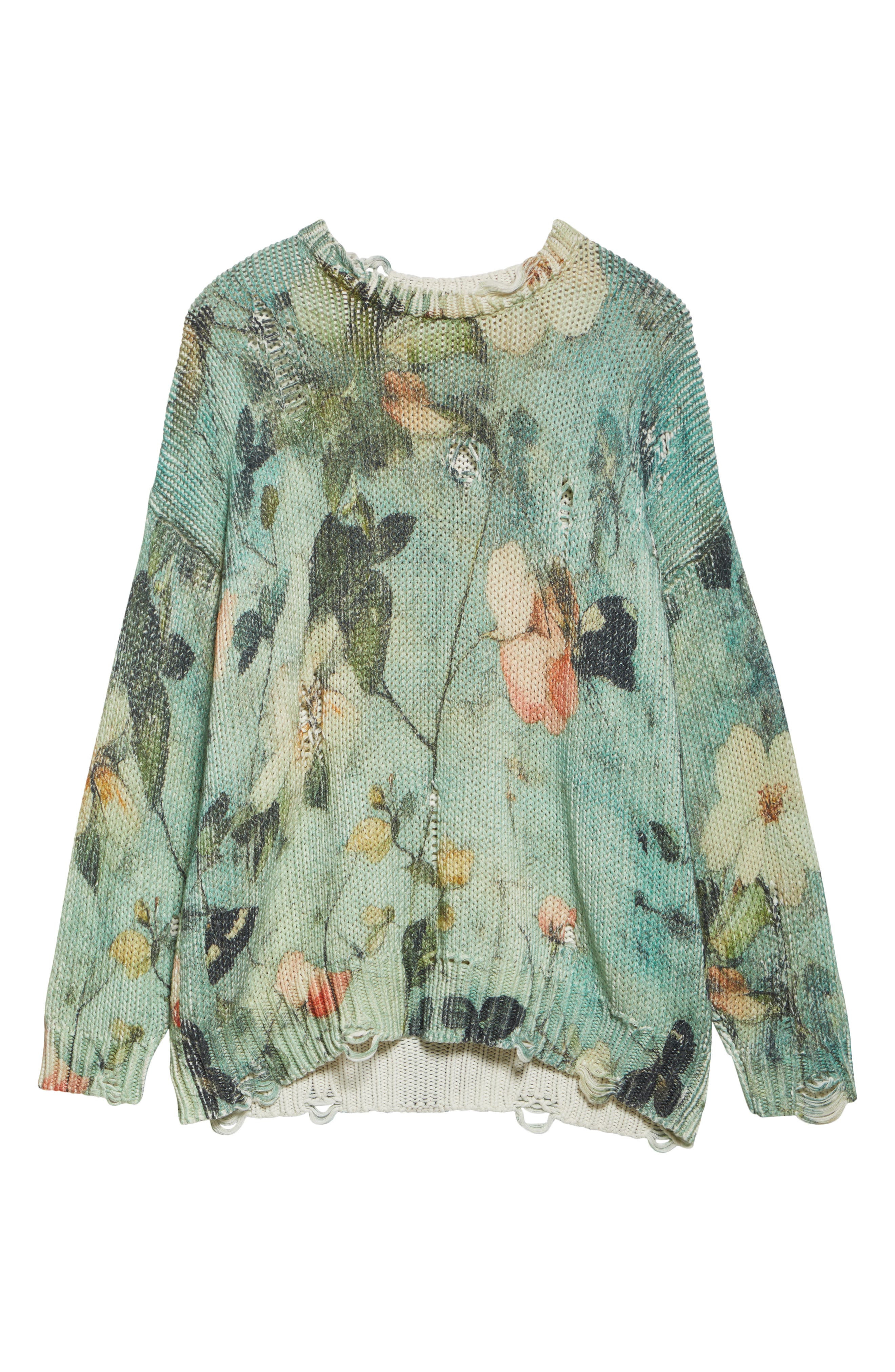 R13 Ripped Floral Oversize Cotton Sweater in Turquoise Floral at Nordstrom - 6