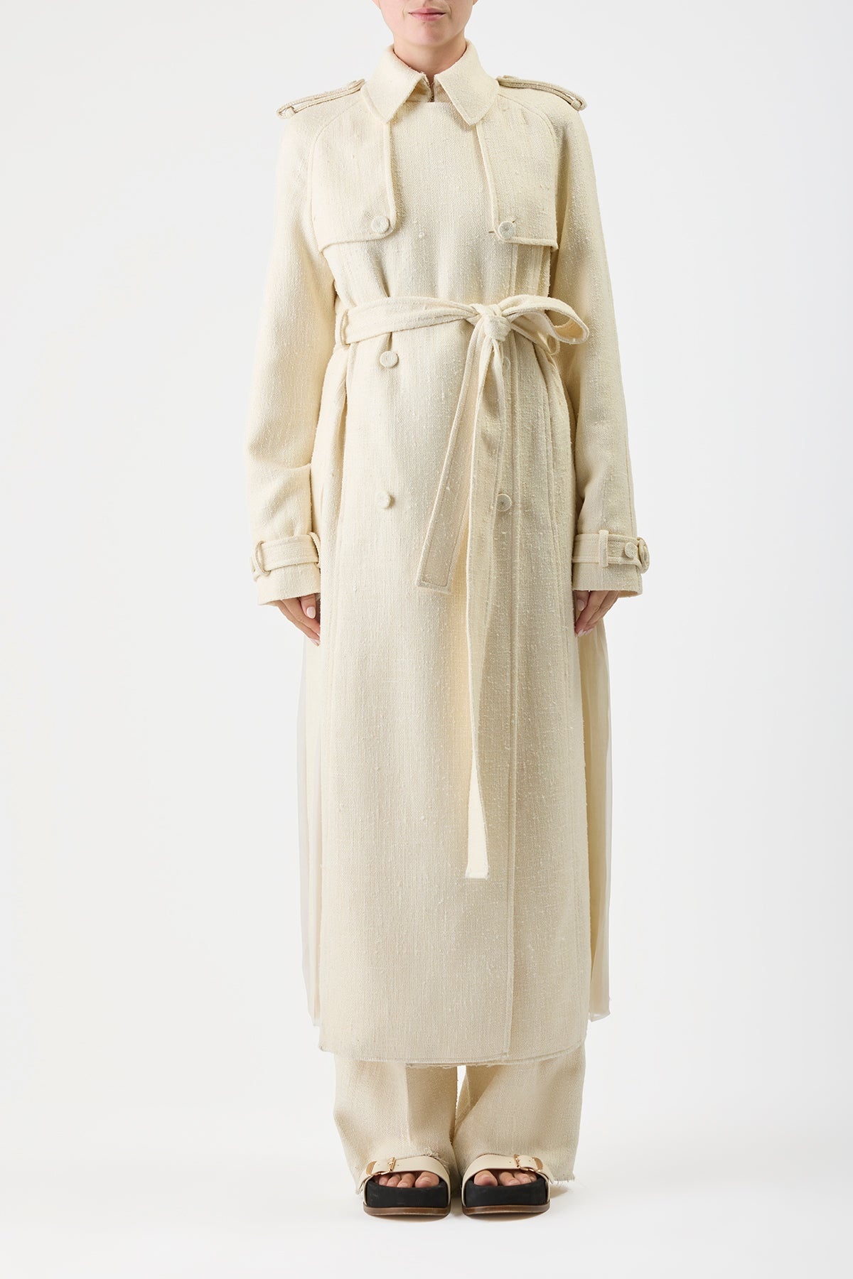 Eithne Trench Coat in Ivory Silk Wool - 3