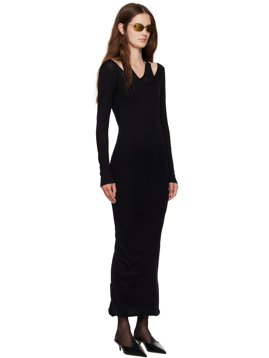 Black Ribbed Twisted Double Layer Piercing Midi Dress - 2