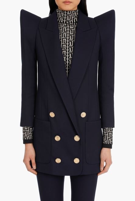 Long double-breasted navy blue wool blazer - 5