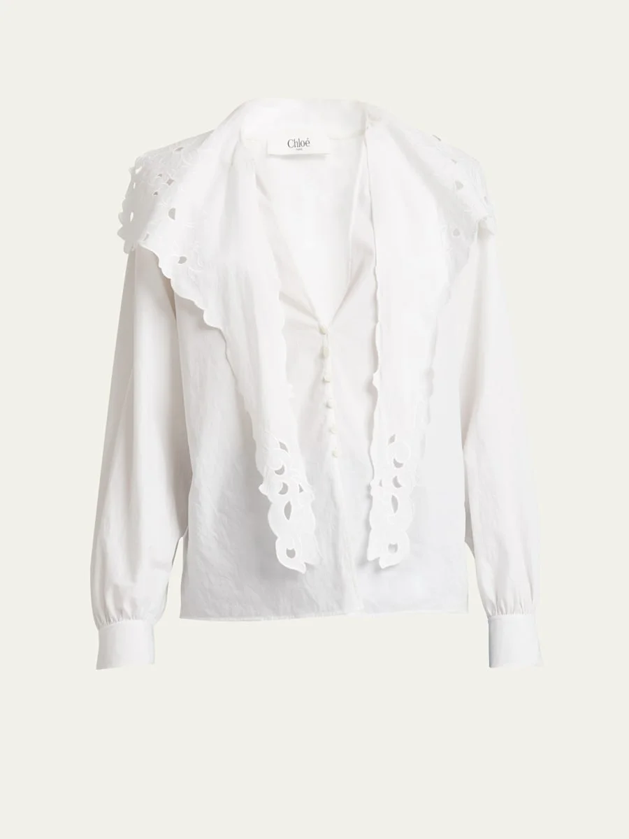 Embroidered Lavallière Cotton Shirt - 1