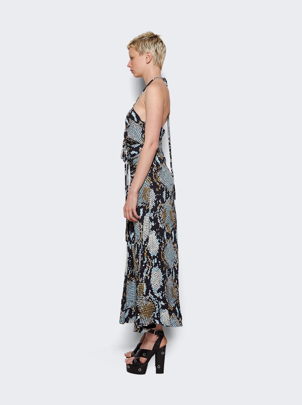 Printed Snake Crepe De Chine Halter Dress Black Multicolor - 4