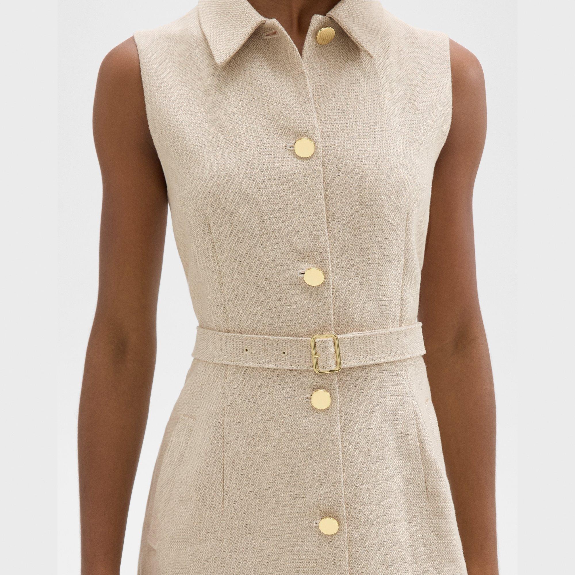 Belted Military Dress in Basket Weave Linen - 5